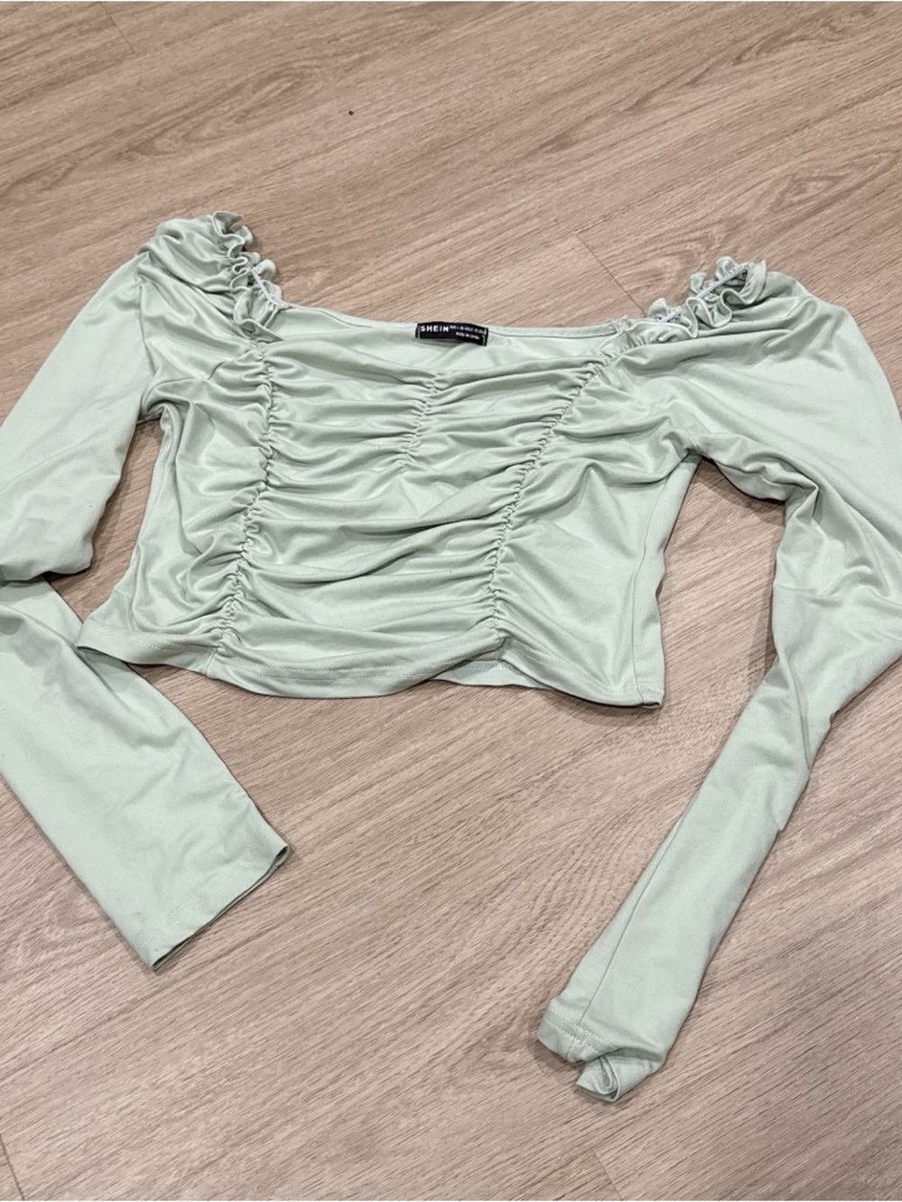 SHEIN Mint Green Ruched Off-Shoulder Long Sleeve Top